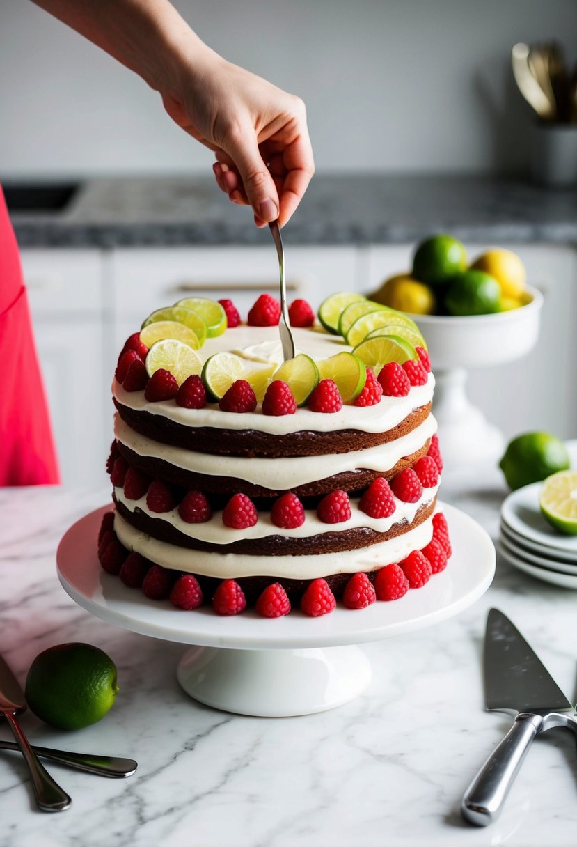 A vibrant raspberry lime layer cake being delicately assembled with fresh fruit and zesty icing on a white marble countertop