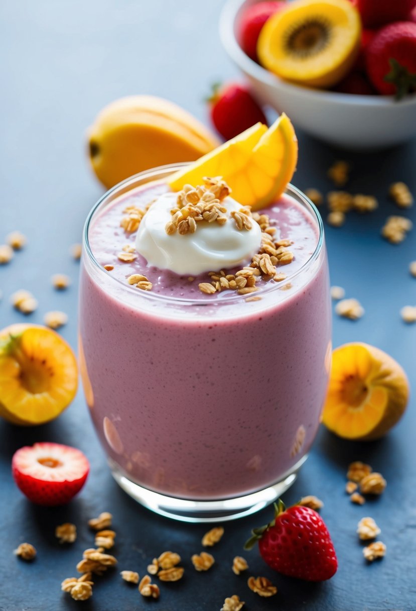 A glass filled with a creamy fruit smoothie, topped with dollop of Greek yogurt and surrounded by fresh fruits and a scattering of granola