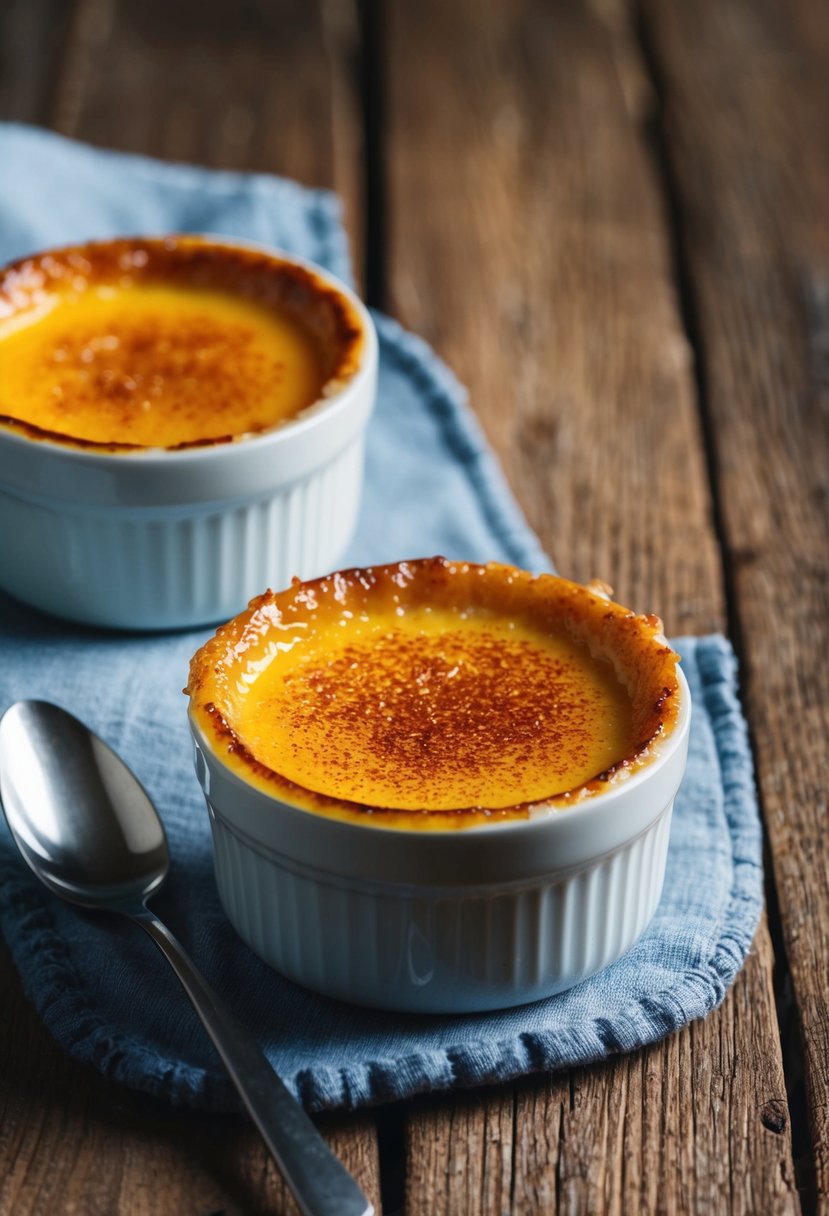 A ramekin of Greek yogurt crème brûlée sits on a rustic wooden table, with a golden caramelized crust on top and a spoon resting beside it