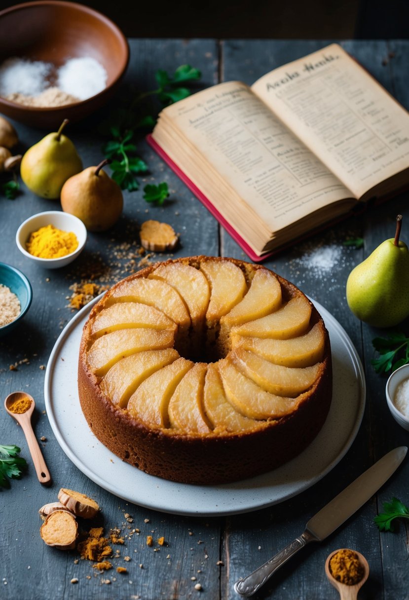 A rustic kitchen table with a freshly baked ginger pear upside-down cake, surrounded by scattered ingredients and a vintage recipe book