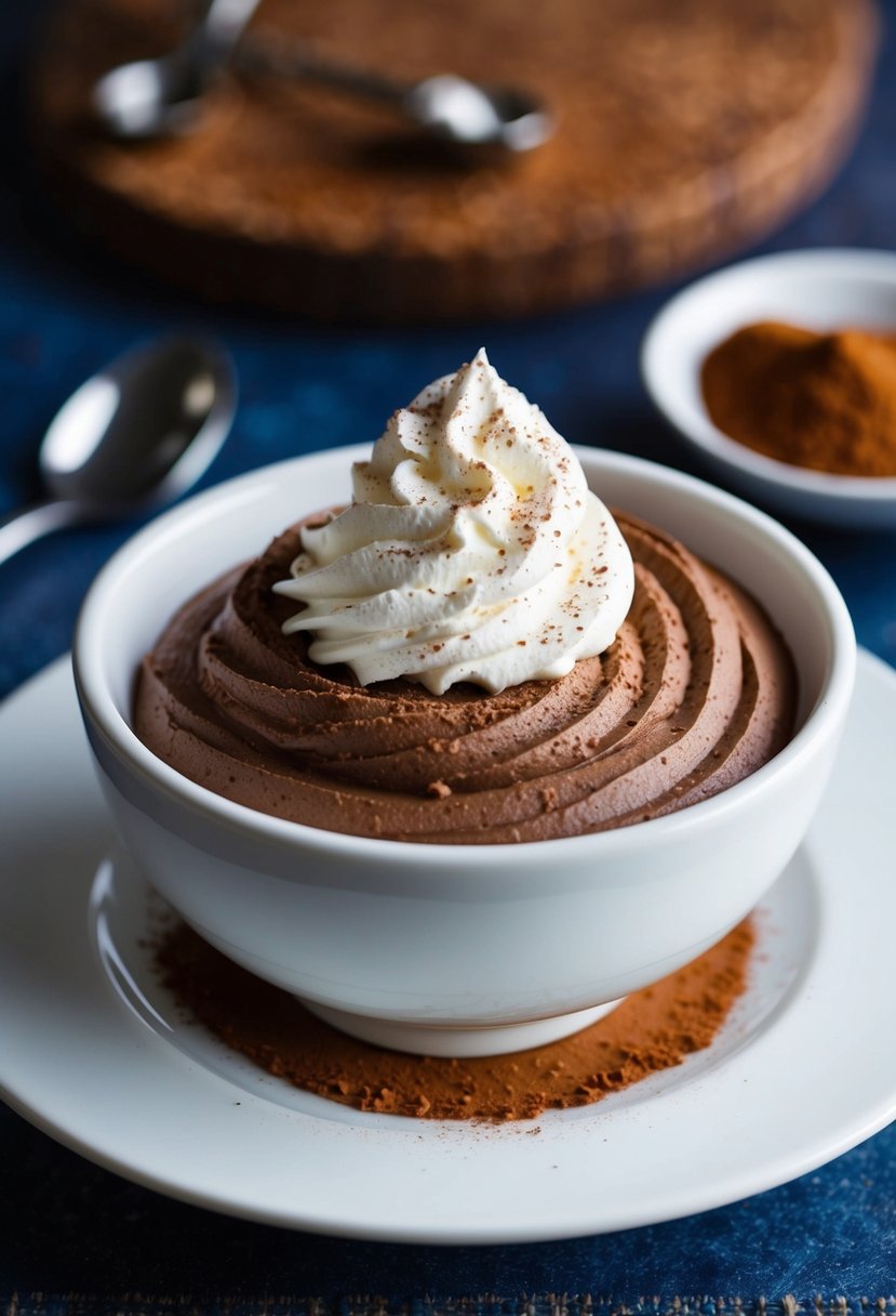 A bowl of rich, creamy Greek yogurt chocolate mousse topped with a dollop of whipped cream and a sprinkle of cocoa powder