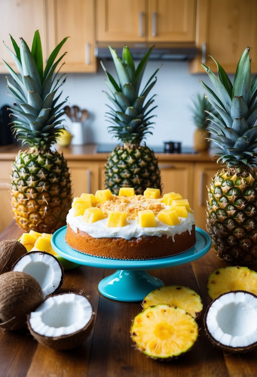 A tropical-themed kitchen with a freshly baked pineapple coconut cake on a wooden table, surrounded by vibrant pineapple and coconut fruits