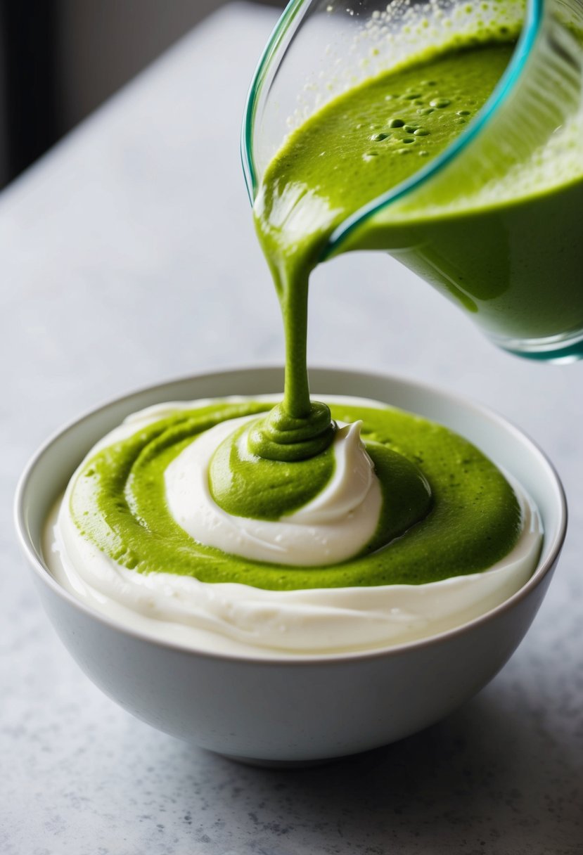 A dollop of plain greek yogurt sits in a bowl, with a vibrant green matcha smoothie poured over it, creating a swirl pattern