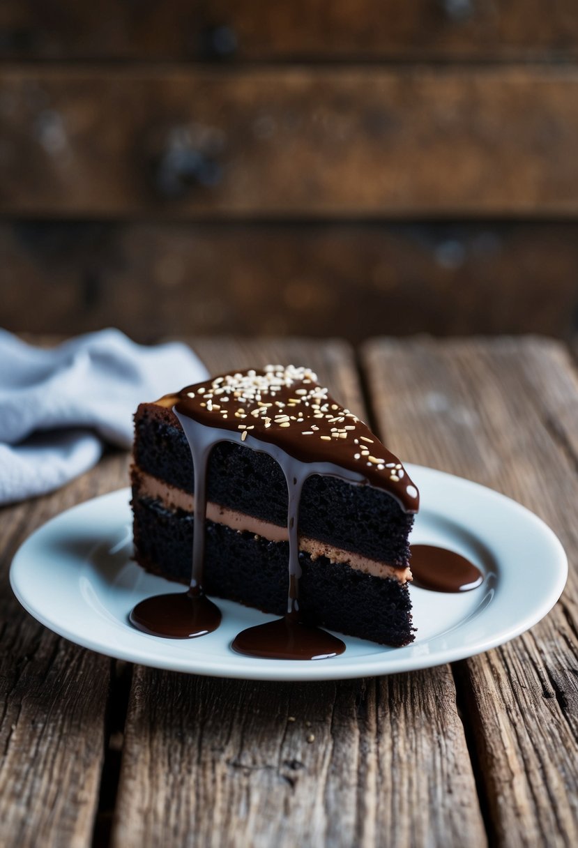 A slice of black sesame mocha cake on a rustic wooden table with a drizzle of chocolate sauce and a sprinkle of sesame seeds