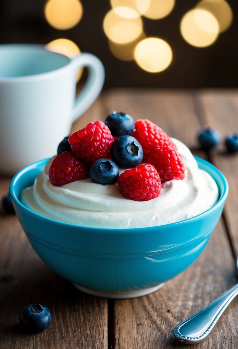 A bowl of whipped Greek yogurt topped with fresh berries on a wooden table