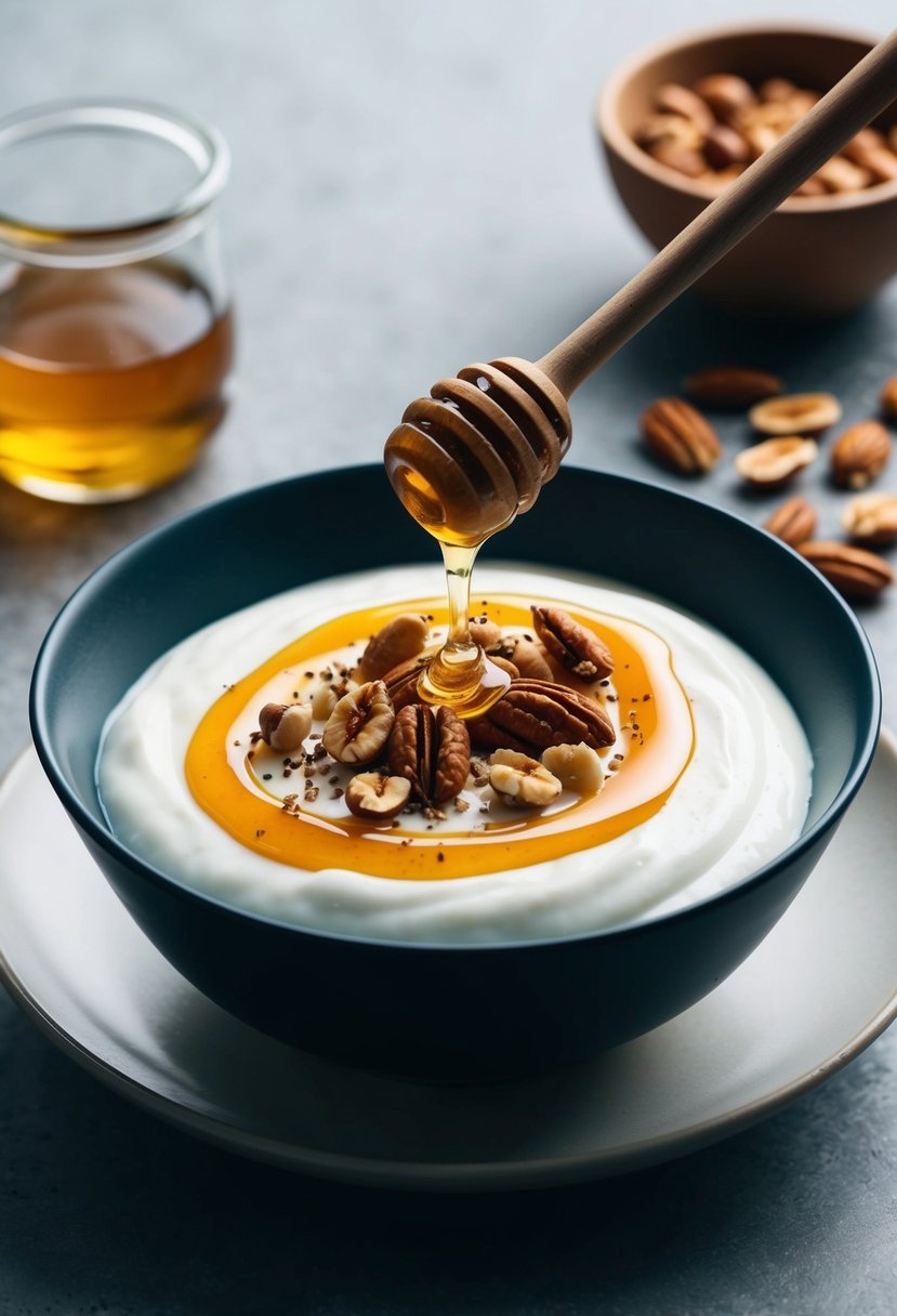 A bowl of plain Greek yogurt topped with a drizzle of honey and sprinkled with an assortment of nuts