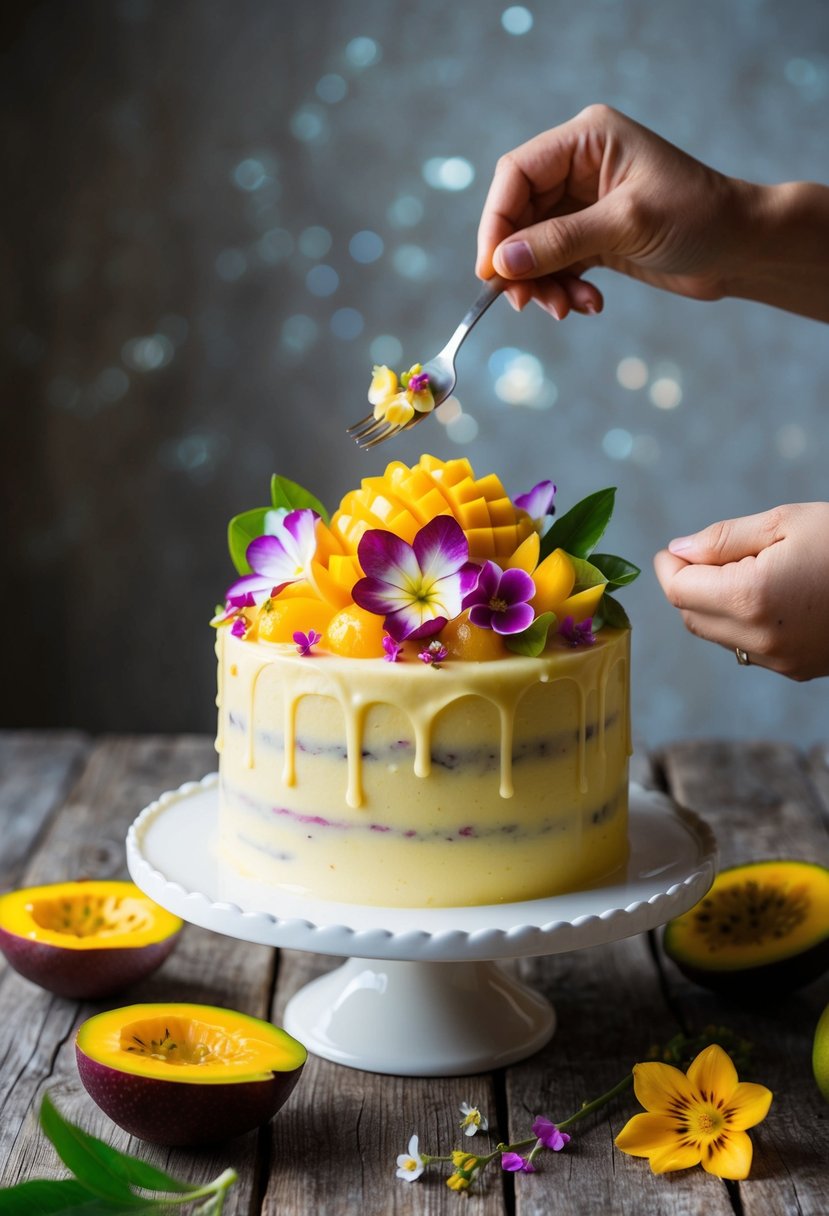 A vibrant mango passionfruit cake being delicately decorated with fresh fruit and edible flowers on a rustic wooden table