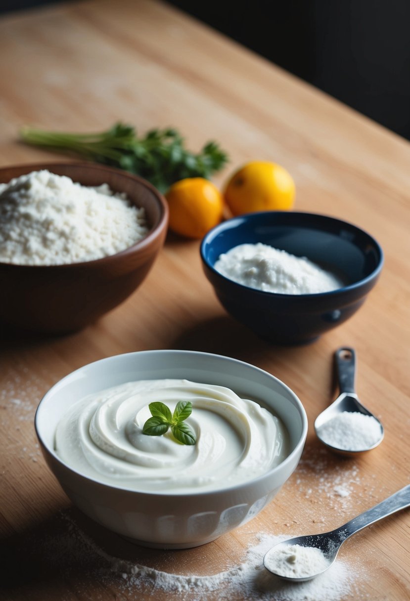 A bowl of Greek yogurt sits next to a pile of flour and baking ingredients on a wooden table