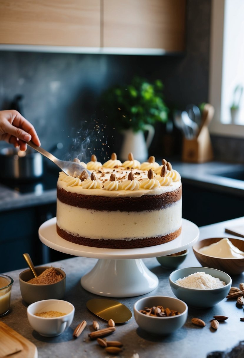 A Cardamom Vanilla Cake being prepared with ingredients and utensils on a kitchen counter