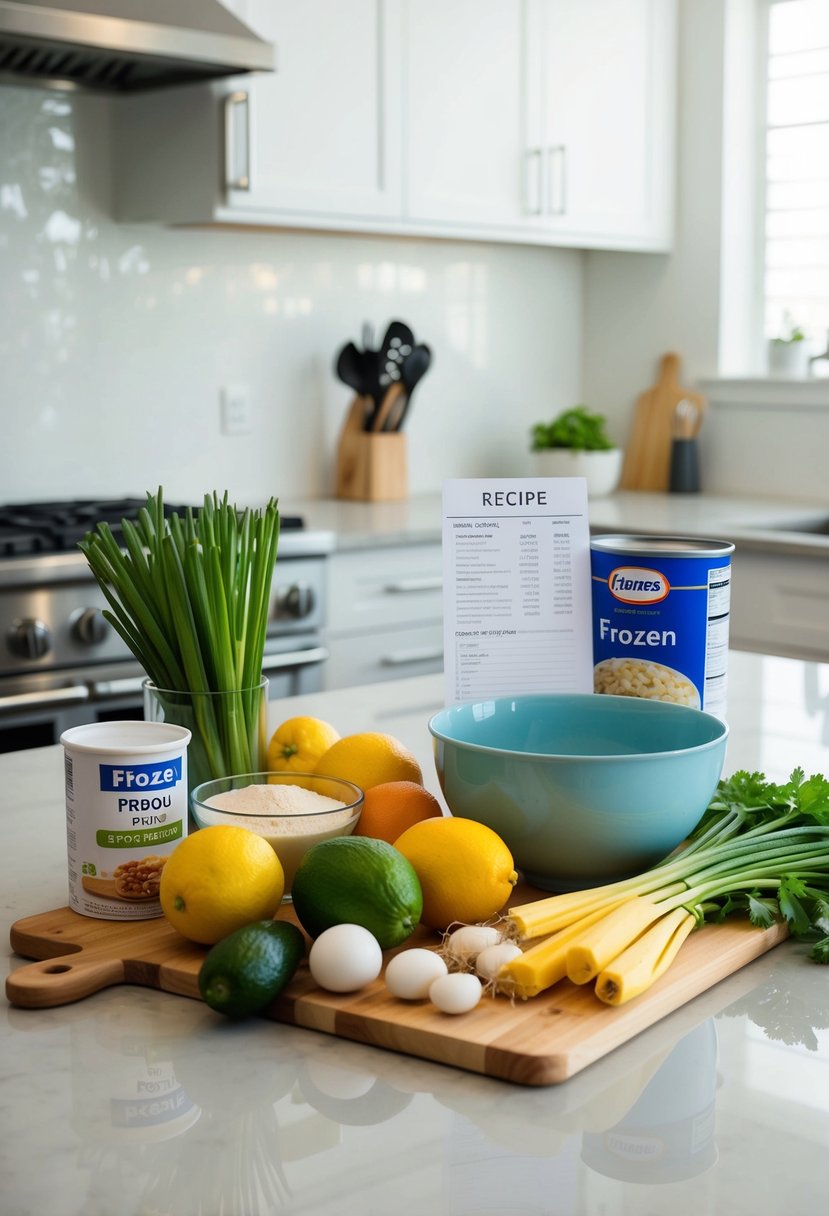 Fresh ingredients arranged on a clean kitchen counter, with a mixing bowl and various utensils nearby. A recipe card is propped up against a container of frozen food