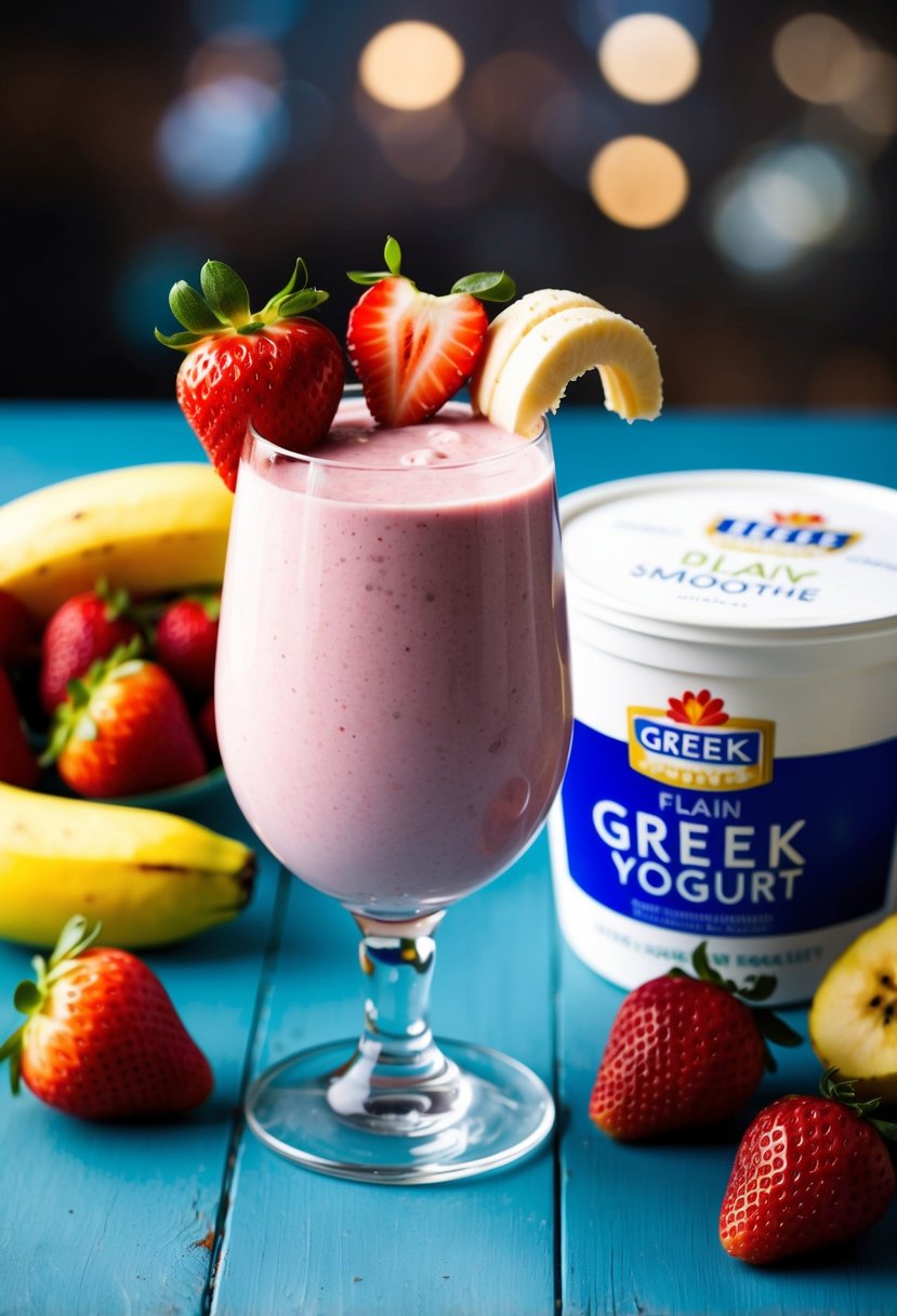 A glass filled with a creamy pink smoothie topped with sliced strawberries and a banana, surrounded by fresh fruits and a container of plain Greek yogurt