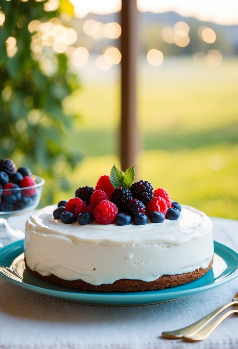 A table set with a freshly baked Greek yogurt cake topped with a colorful assortment of fresh berries