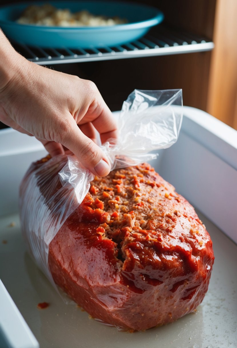 A classic meatloaf being wrapped in plastic wrap and placed in a freezer