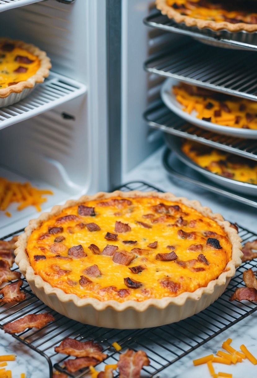 A golden-brown deep-dish quiche sits on a wire rack, surrounded by scattered bacon and cheddar. A freezer door is open, revealing other frozen dishes