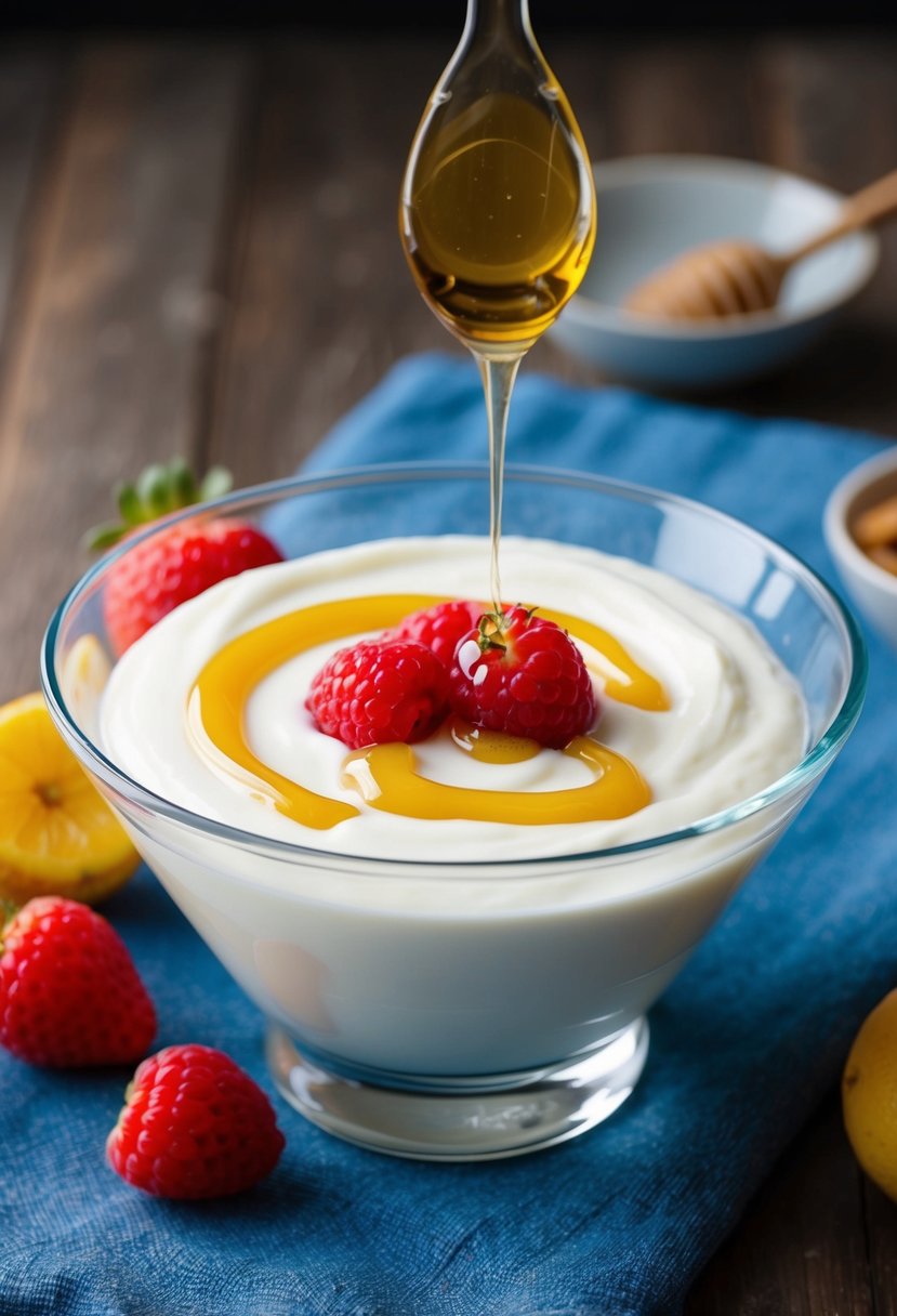 A clear glass bowl filled with creamy homemade Greek yogurt, surrounded by fresh fruits and a drizzle of honey