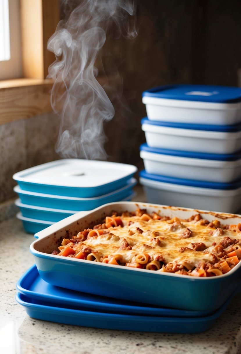 A pan of baked ziti sits on a counter next to a stack of freezer-safe containers. The steam rises from the dish as it cools