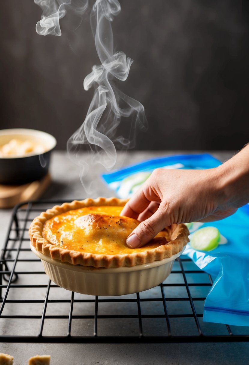 A steaming chicken pot pie sits on a cooling rack next to a freezer bag. A hand reaches for the bag