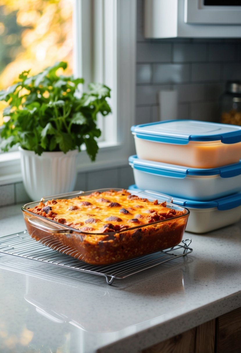 A bubbling lasagna casserole sits on a kitchen counter next to a stack of freezer-safe containers