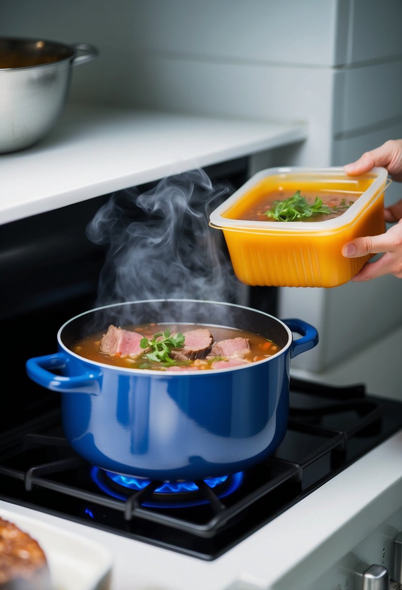 A pot of steak soup simmering on a stovetop, with steam rising and a container of soup being placed in the freezer