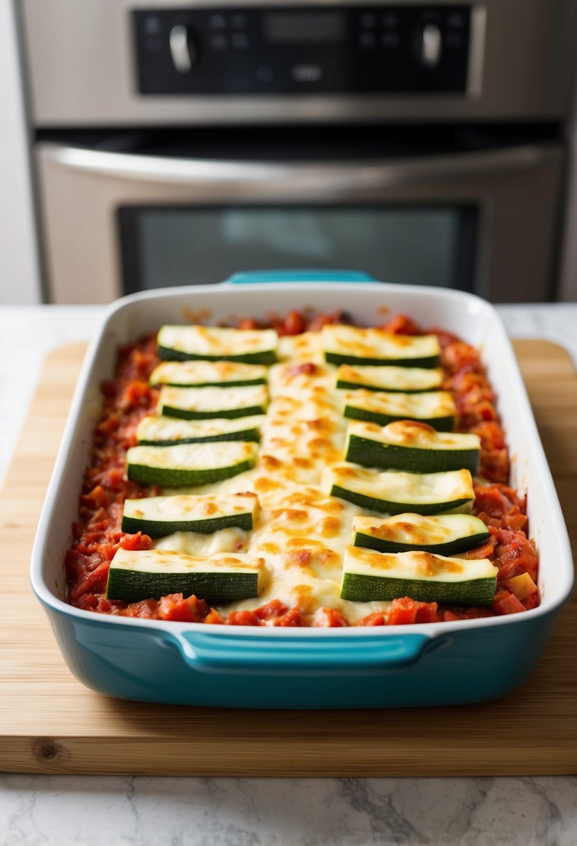 A baking dish filled with layers of zucchini, cheese, and tomato sauce, ready to be placed in the oven