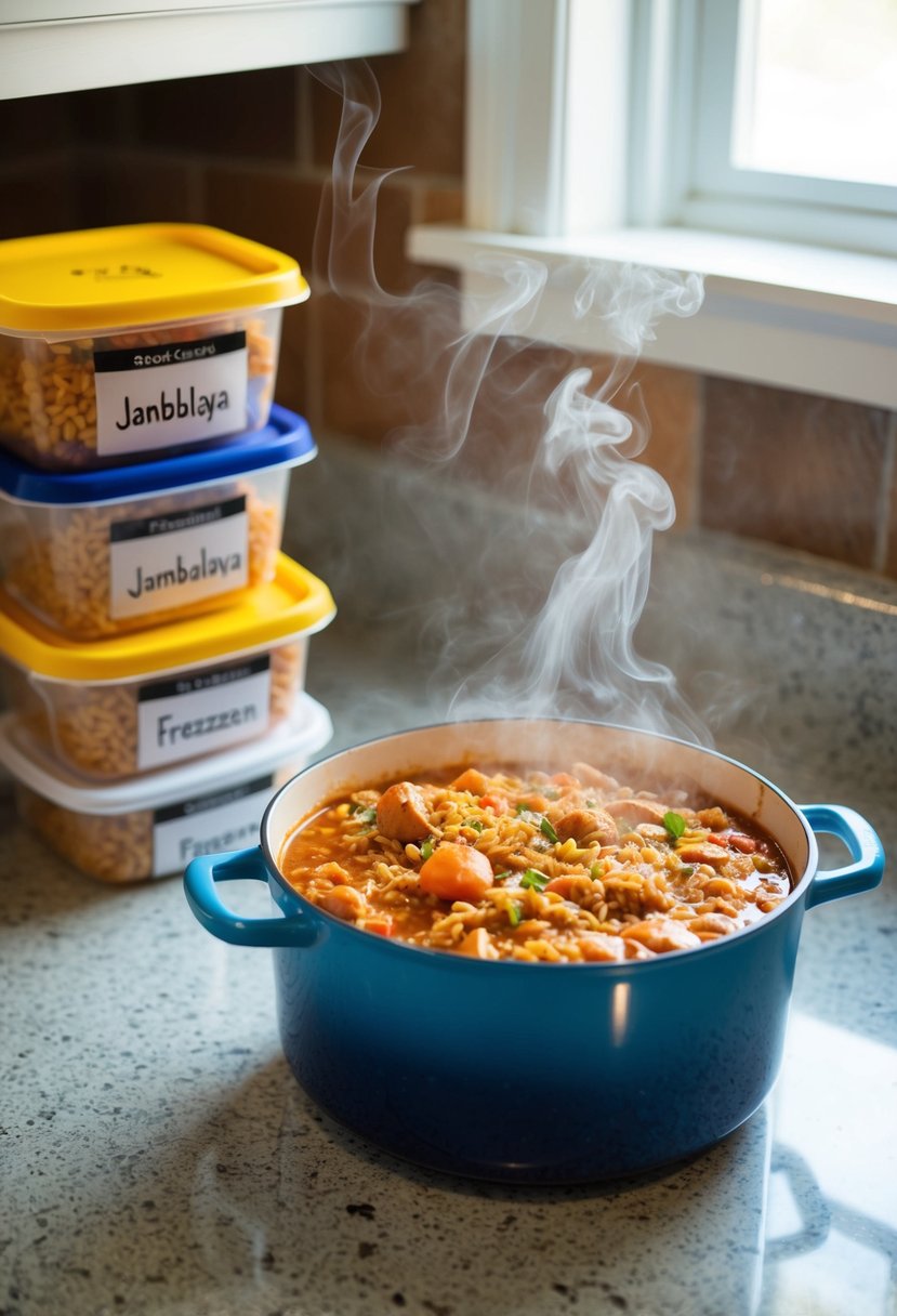 A pot of jambalaya sits on a kitchen counter next to a stack of labeled freezer containers. The steam rises from the pot as it cools