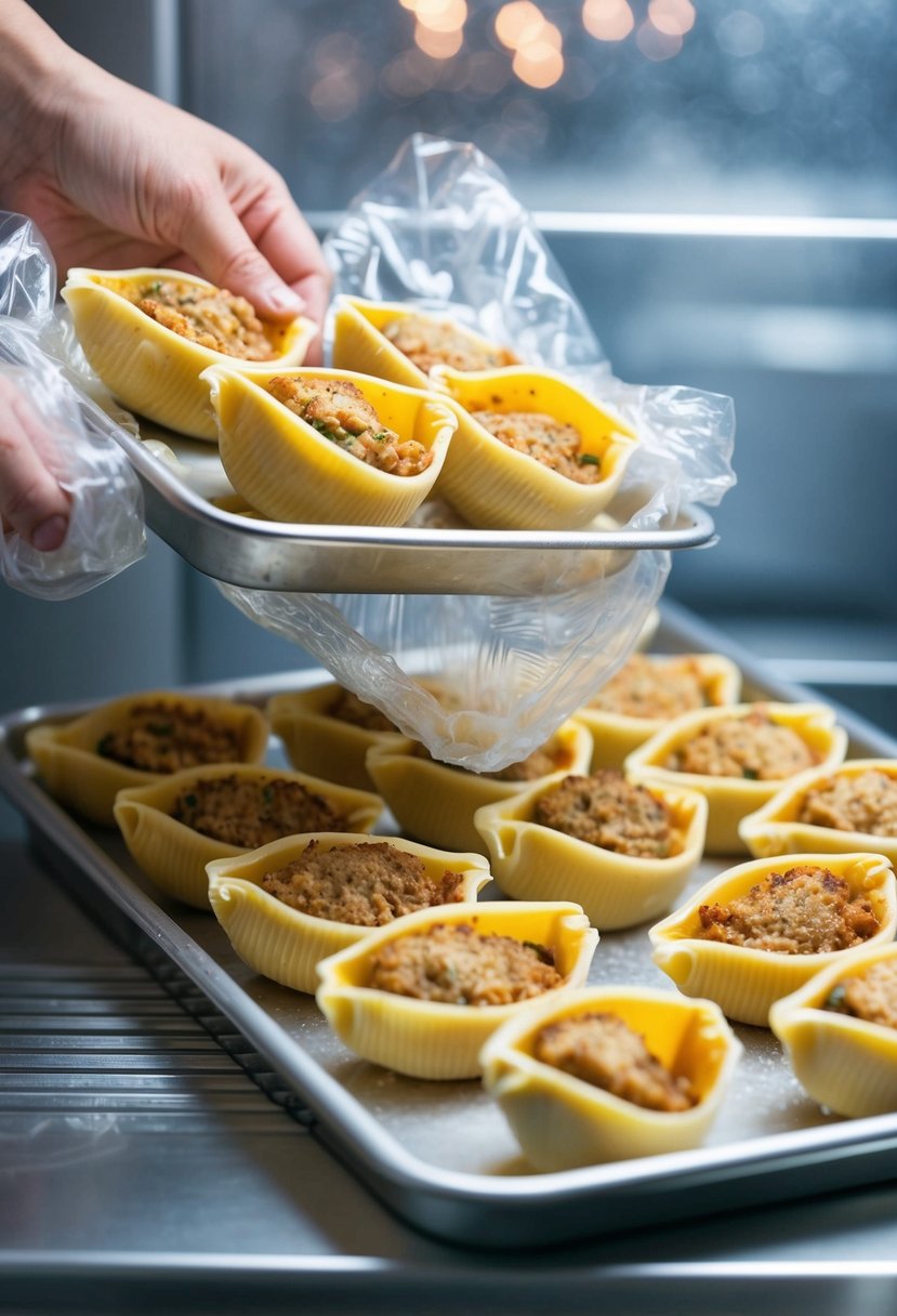 A tray of stuffed shells being wrapped in plastic and placed in a freezer