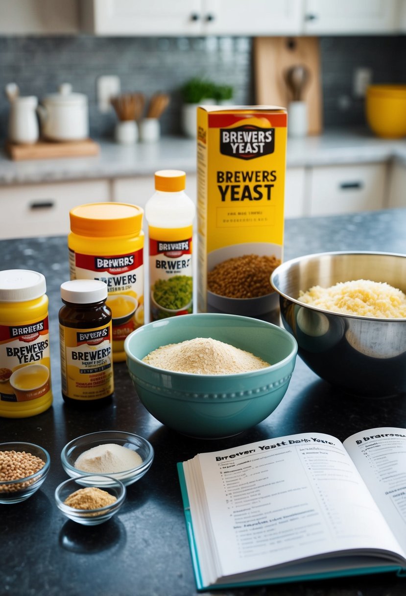 A kitchen counter with assorted ingredients, including brewers yeast, a mixing bowl, and a recipe book open to a page on brewers yeast recipes