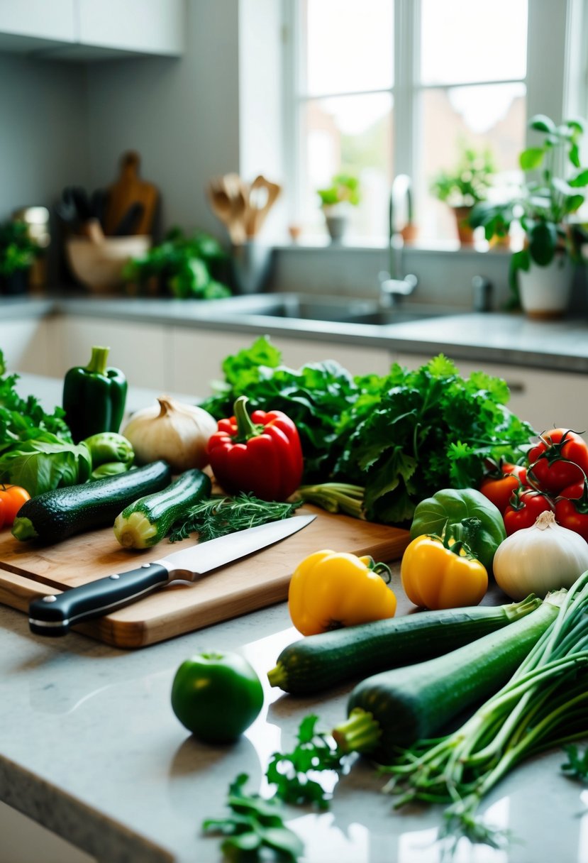 A kitchen counter with fresh vegetables, a cutting board, and a variety of plant-based ingredients ready for cooking