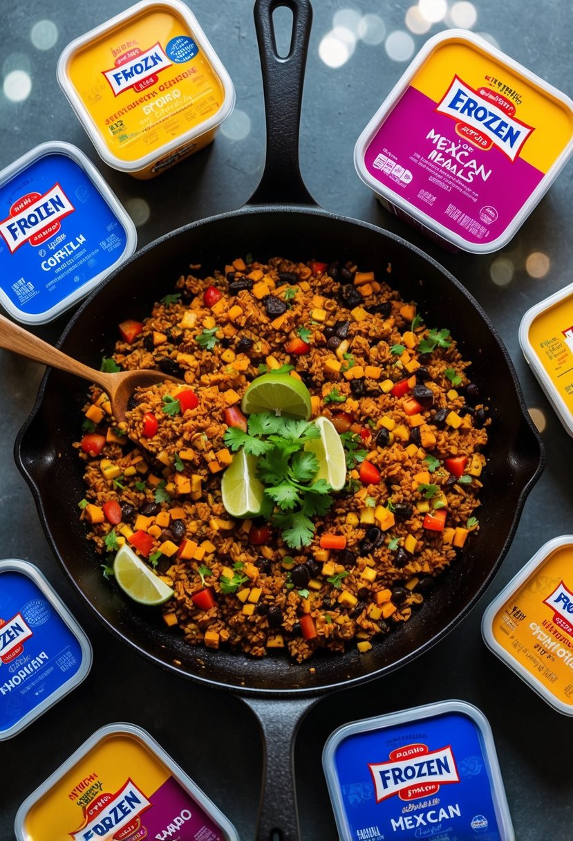 A sizzling skillet filled with colorful Mexican ingredients, surrounded by containers of frozen meals