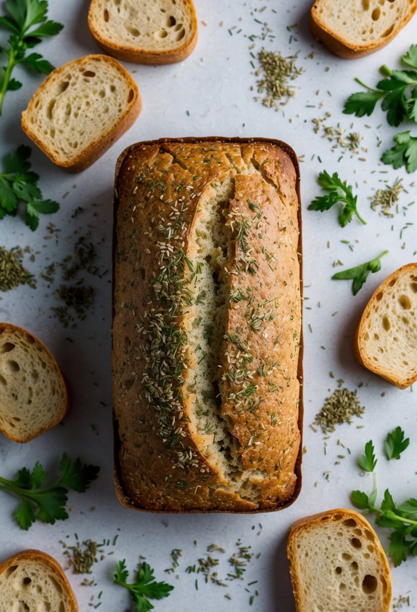 A rustic loaf of herb bread surrounded by scattered brewer's yeast and fresh herbs