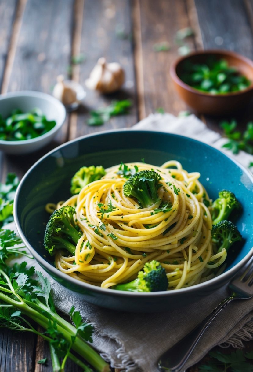 A steaming bowl of vegan broccoli garlic pasta on a rustic wooden table, surrounded by fresh ingredients and a sprinkle of herbs