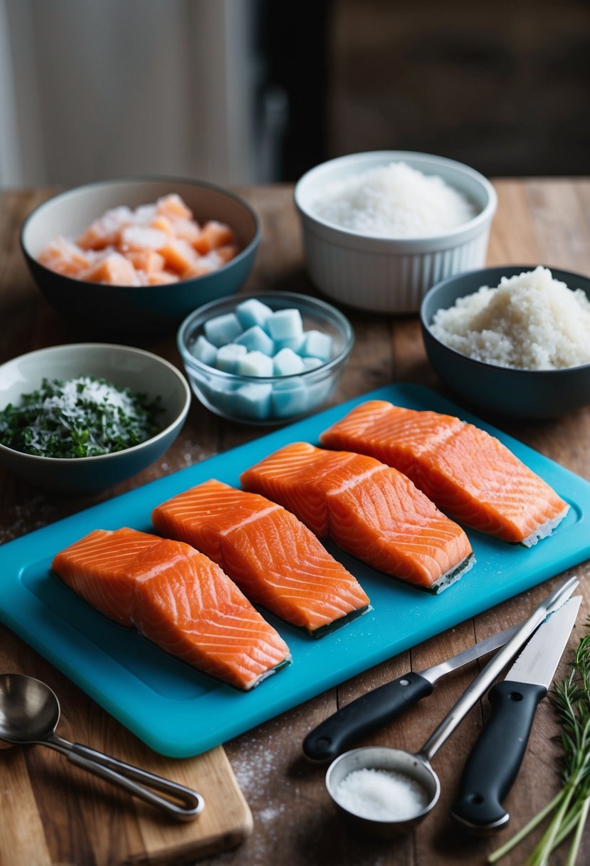 Salmon fillets arranged on a cutting board with various frozen ingredients and cooking utensils nearby