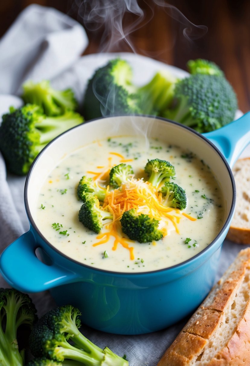 A steaming pot of cheesy broccoli soup, with a sprinkle of nutritional yeast on top, surrounded by fresh broccoli florets and a loaf of crusty bread