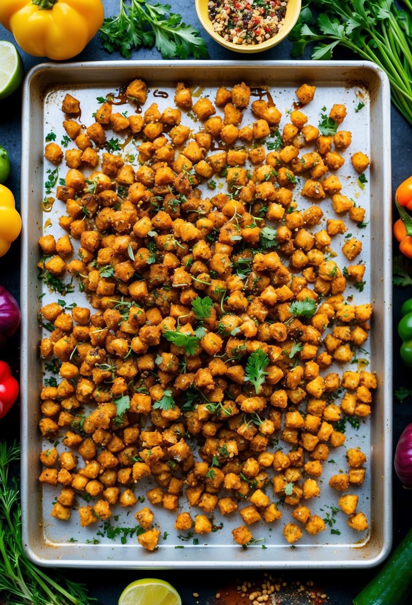 A baking sheet filled with crispy chickpeas, fresh herbs, and colorful spices, surrounded by vibrant vegetables and a drizzle of olive oil