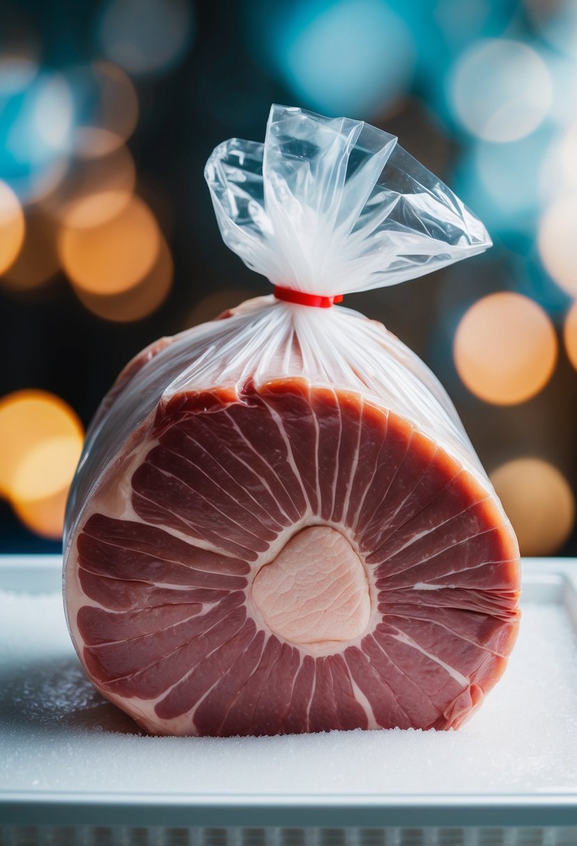 A pork butt roast wrapped in plastic and placed in a freezer