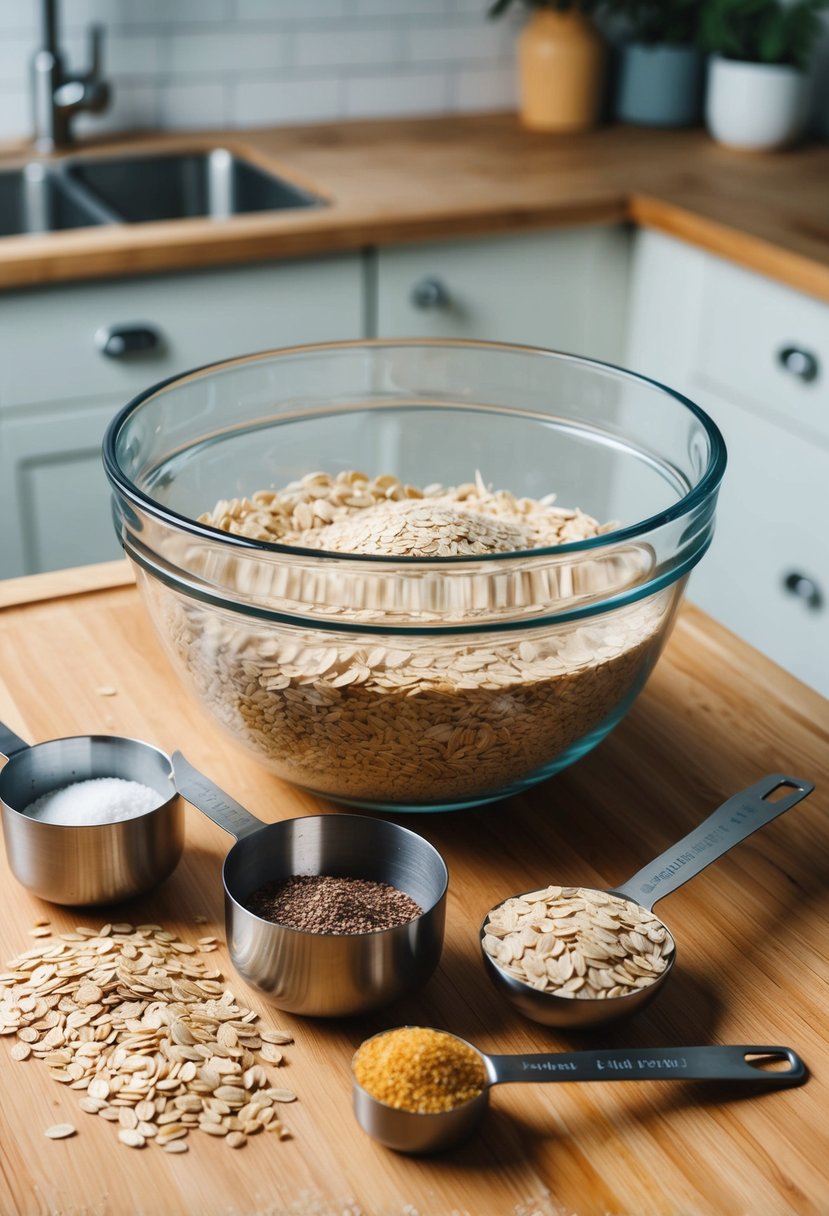 A kitchen counter with a mixing bowl, measuring cups, oats, flaxseed, and brewers yeast. Ingredients scattered around