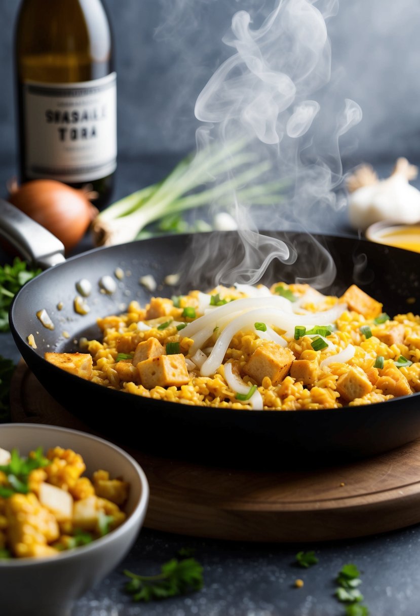 A sizzling skillet with tofu scramble and onions, steam rising. Ingredients scattered nearby