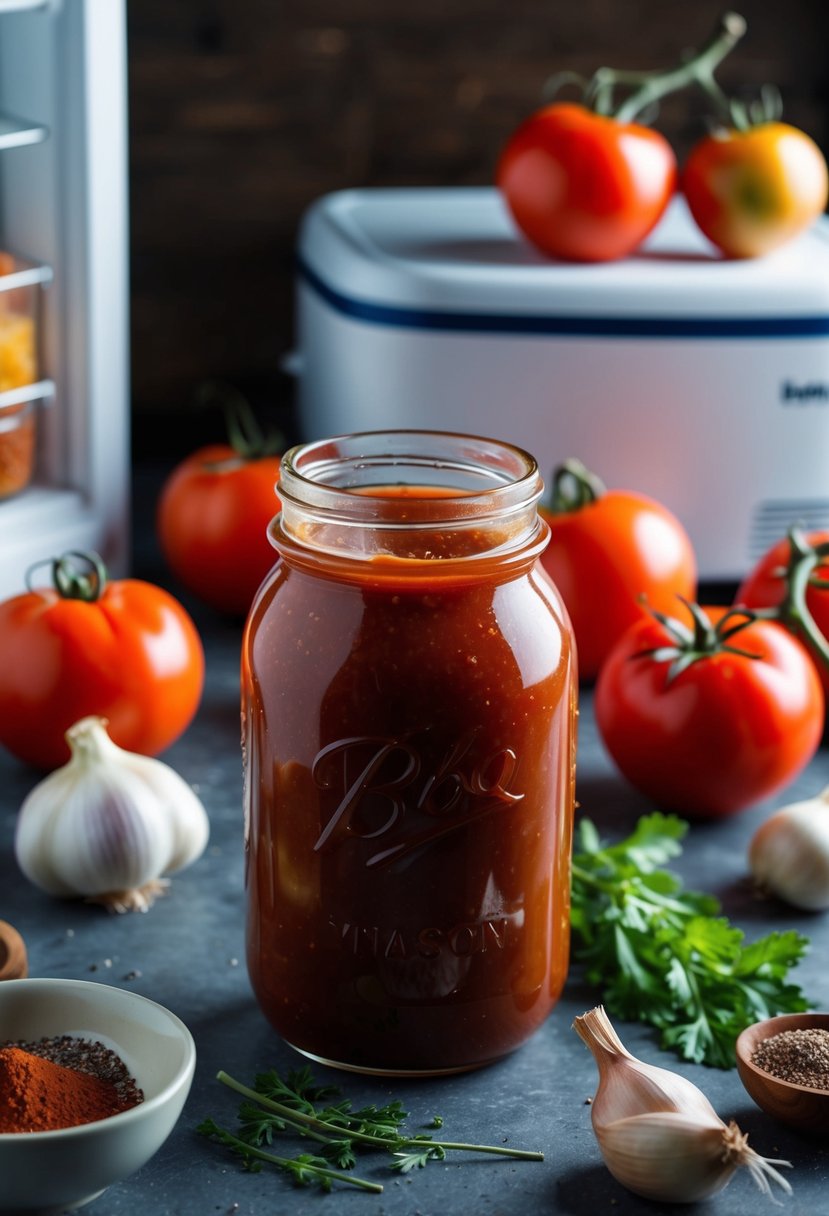 A jar of homemade BBQ sauce surrounded by fresh ingredients like tomatoes, onions, garlic, and spices, with a freezer in the background