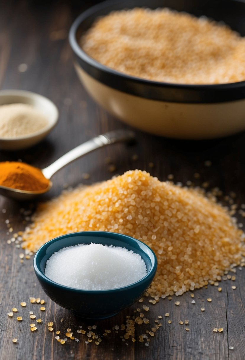 A small bowl of spicy yeast salt sits next to a pile of brewers yeast, ready to be used for seasoning recipes