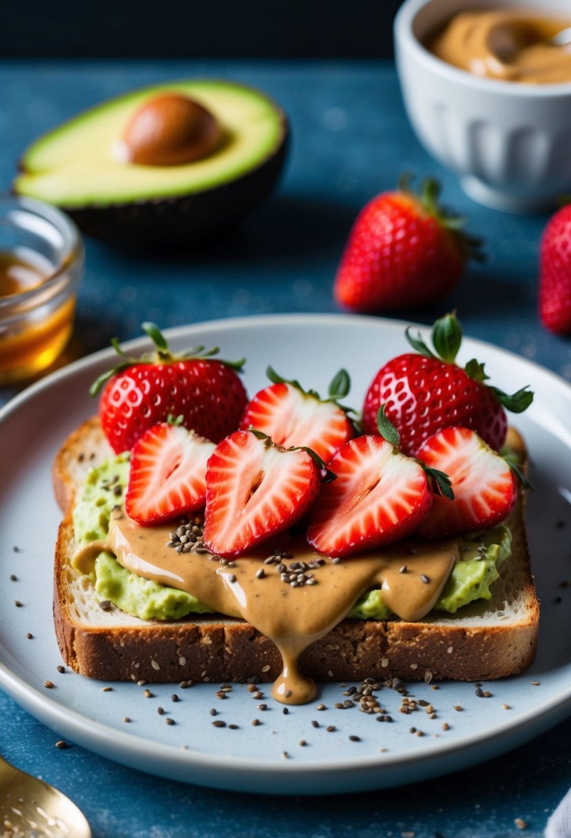 A slice of toast topped with mashed avocado, peanut butter, and sliced strawberries, with a drizzle of honey and a sprinkle of chia seeds