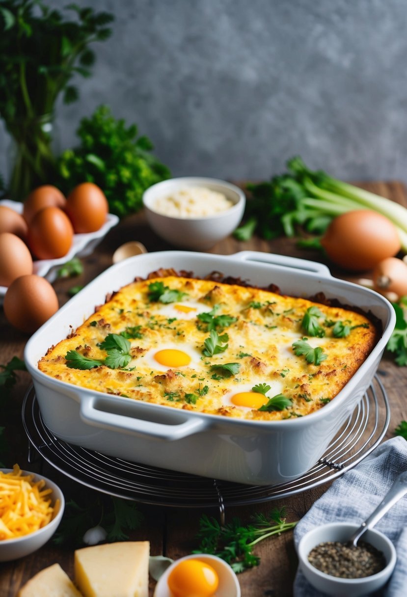 A baking dish filled with breakfast casserole surrounded by ingredients like eggs, cheese, vegetables, and herbs