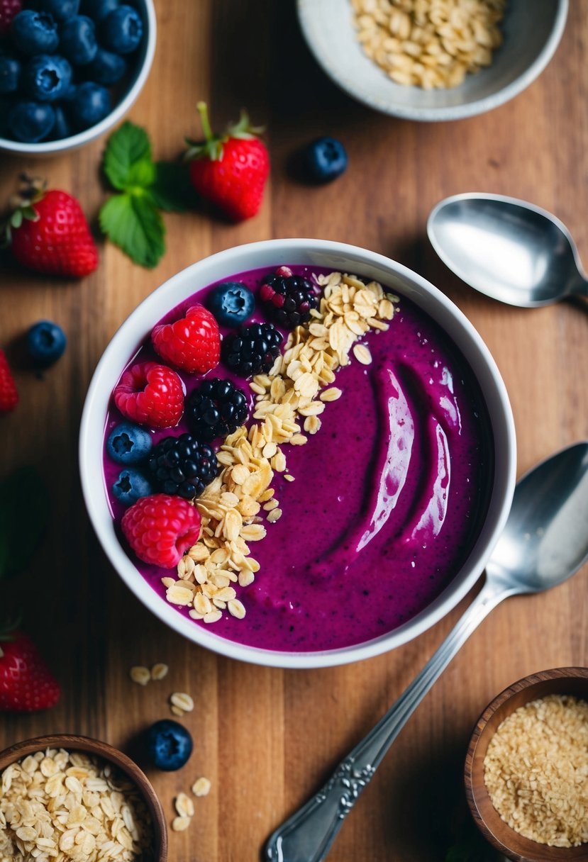 A vibrant smoothie bowl surrounded by ingredients like berries, oats, and brewers yeast, with a spoon and bowl on a wooden table