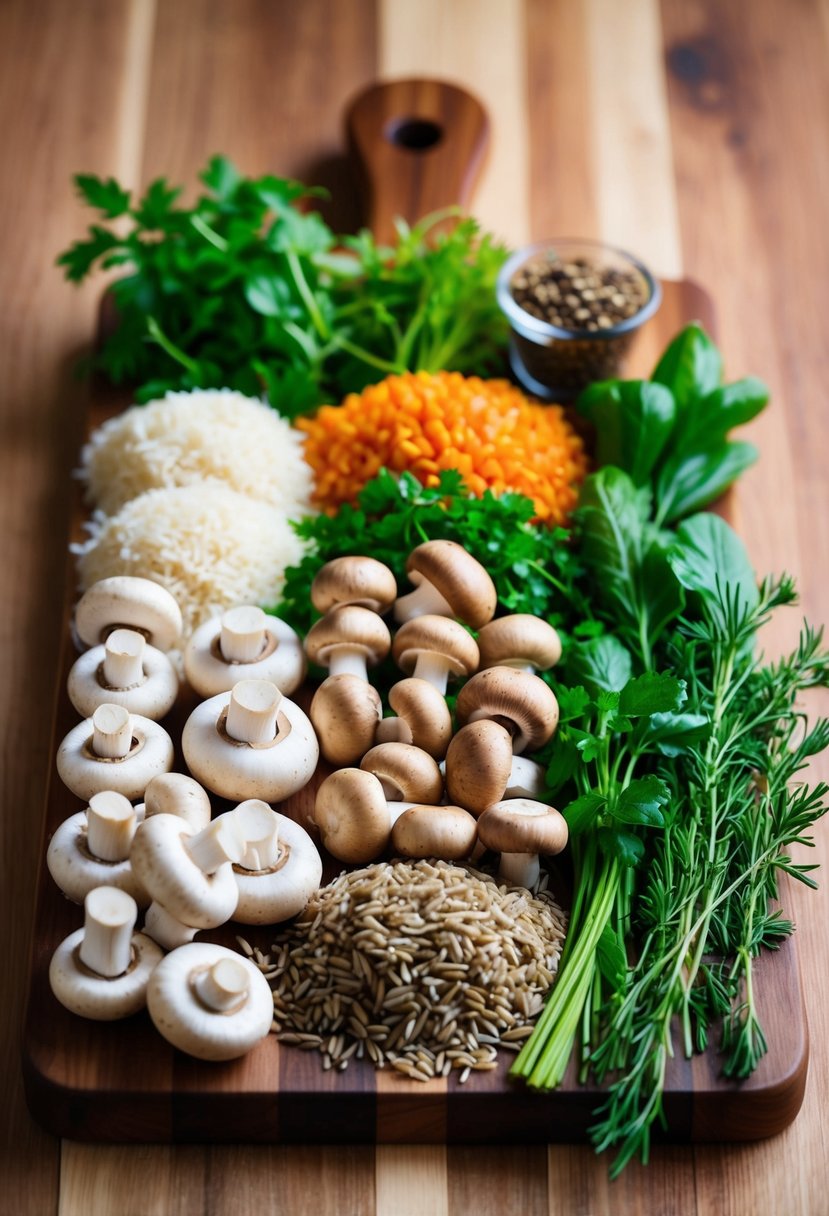 A colorful array of fresh mushrooms, herbs, and rice arranged on a wooden cutting board