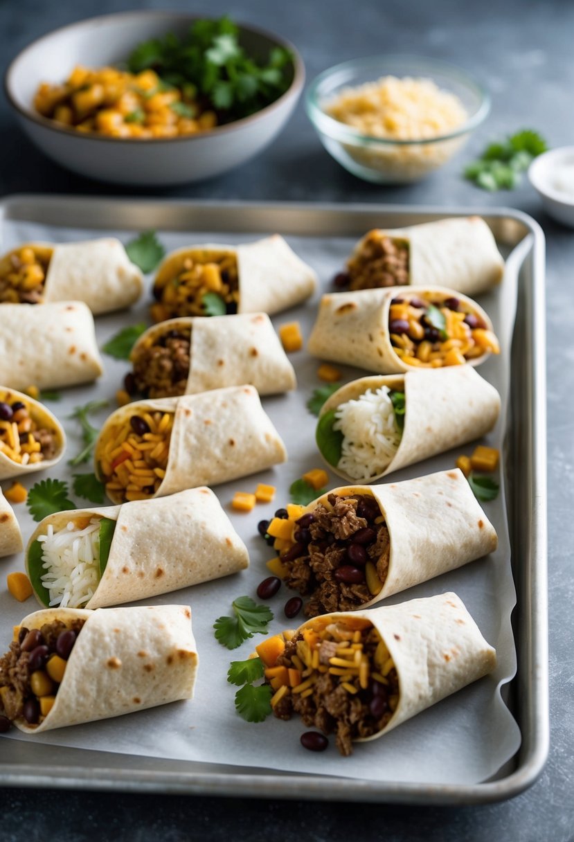 A variety of burritos arranged on a baking sheet, ready to be wrapped and frozen. Ingredients such as rice, beans, and meat are visible