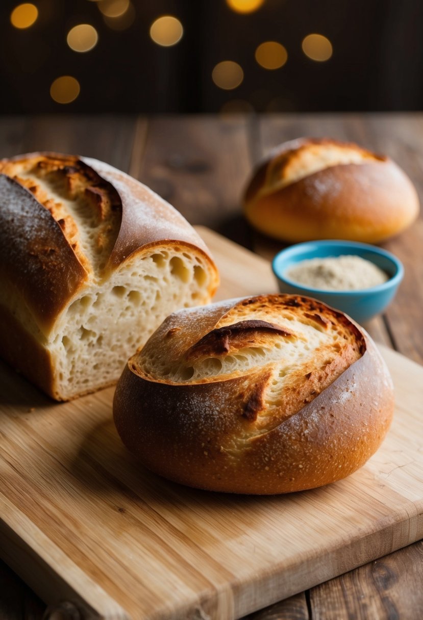 A rustic loaf of classic Italian bread, golden brown and crusty, sits on a wooden cutting board next to a small bowl of brewers yeast