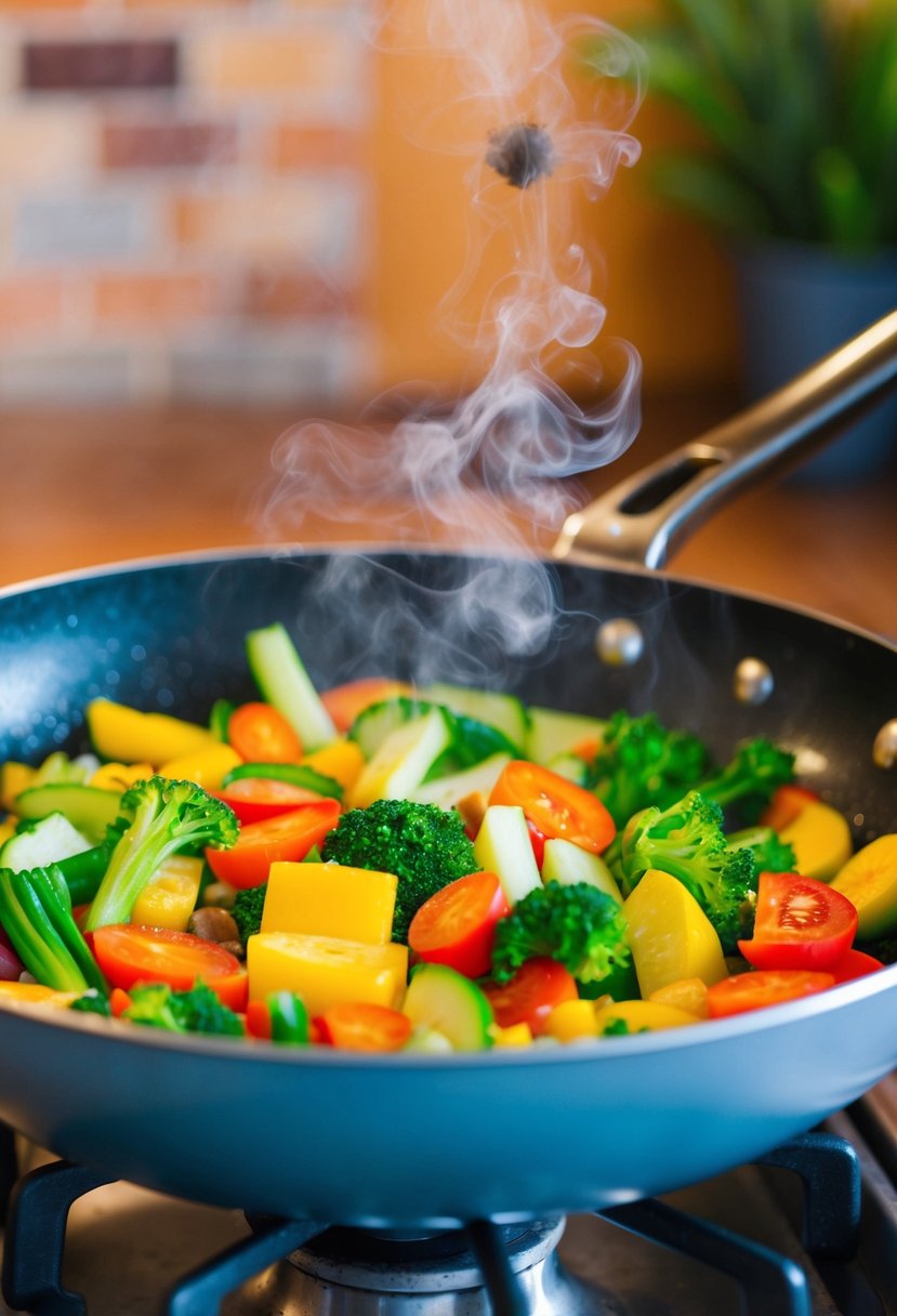 A colorful array of fresh vegetables being quickly stir-fried in a sizzling hot pan, emitting aromatic steam