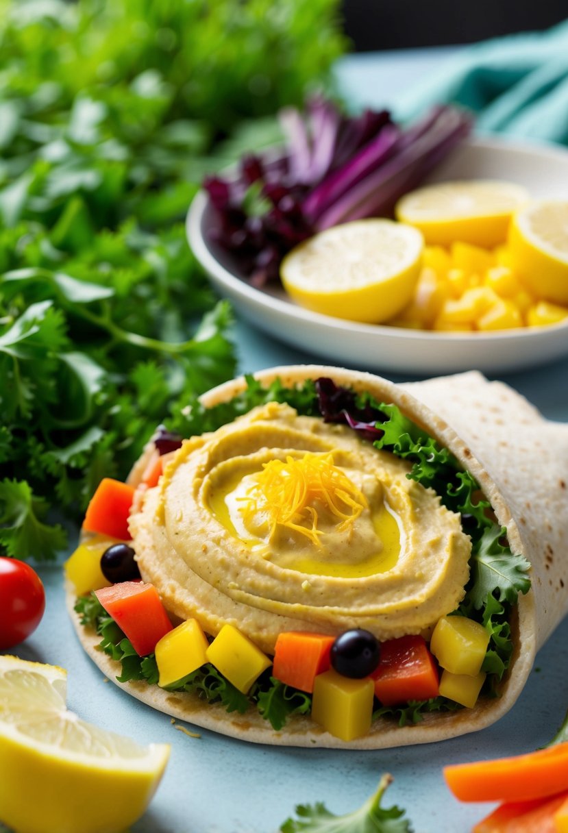 A colorful array of fresh vegetables and zesty lemon hummus spread on a soft wrap, surrounded by vibrant greenery