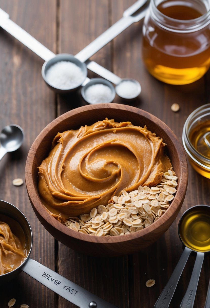 A wooden mixing bowl filled with peanut butter, oats, and brewer's yeast, surrounded by measuring spoons and a jar of honey