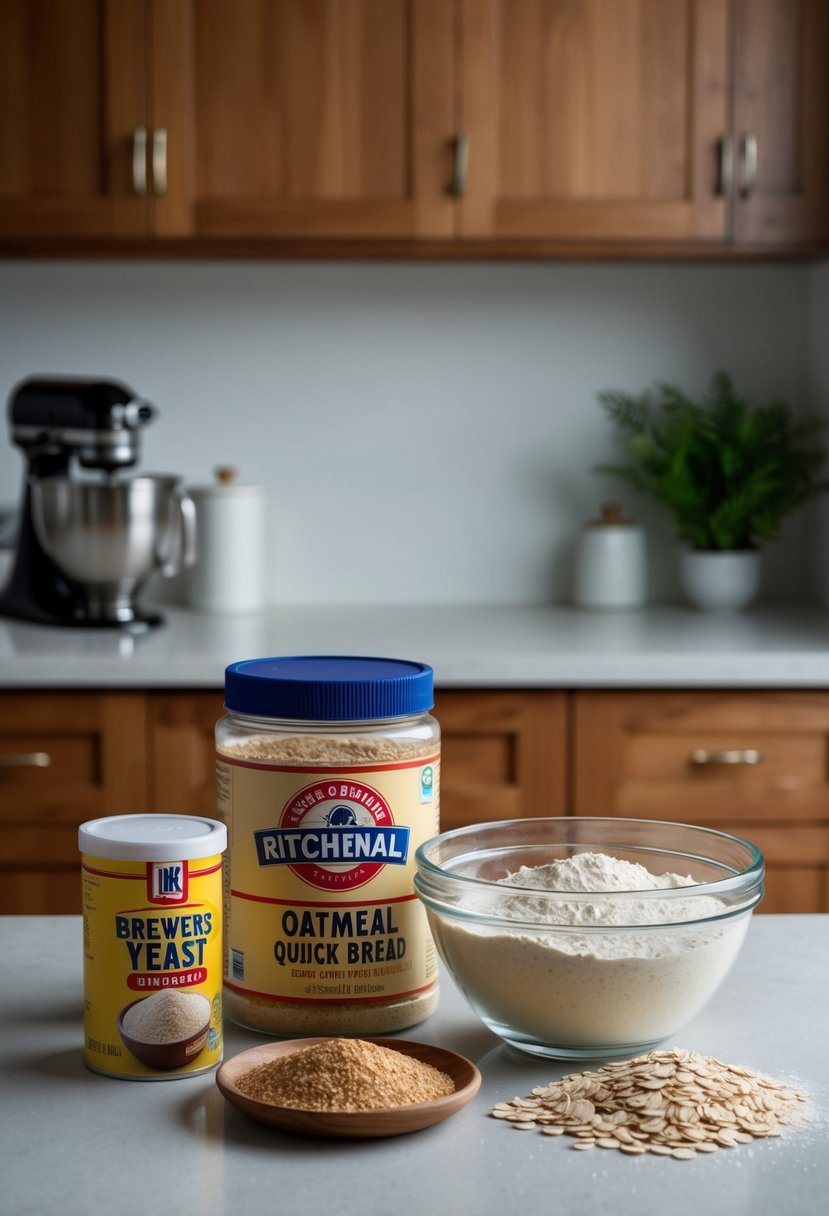 A kitchen counter with ingredients for oatmeal quick bread, including brewers yeast, oats, flour, and a mixing bowl