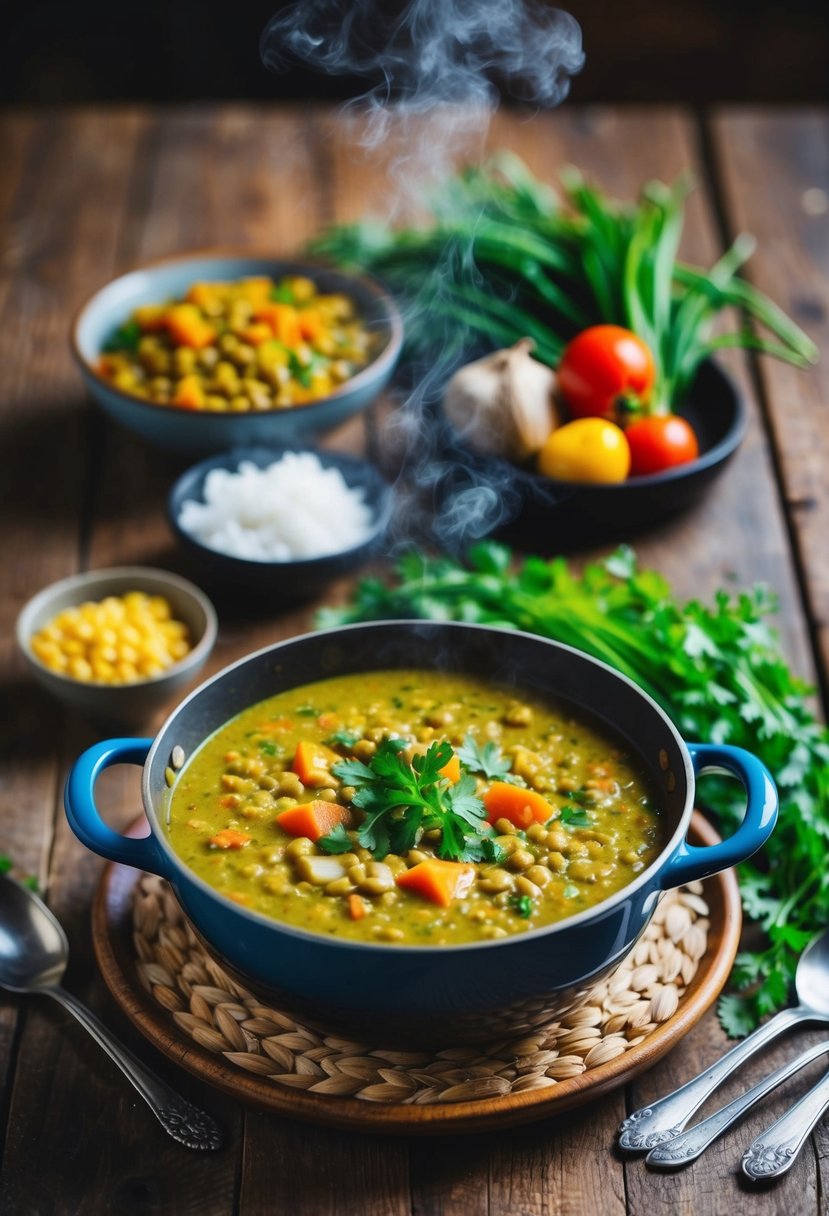 A steaming pot of coconut curry lentil soup surrounded by colorful vegetables and herbs on a rustic wooden table